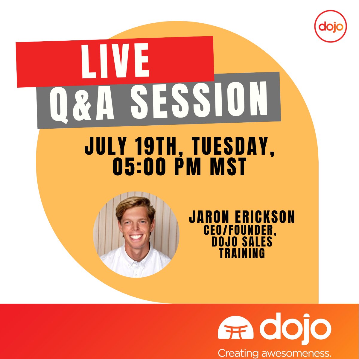 join_dojo's tweet photo. One of our biggest goals at Dojo - Tech Sales Training is to raise awareness of the career opportunities that exist! July 19, Tuesday, @ 5pmMT, we will be holding a Q&amp;A for anyone who is curious about the tech industry or a role as an SDR,send us a DM of your email if interested! https://t.co/TlgS3hq3y3