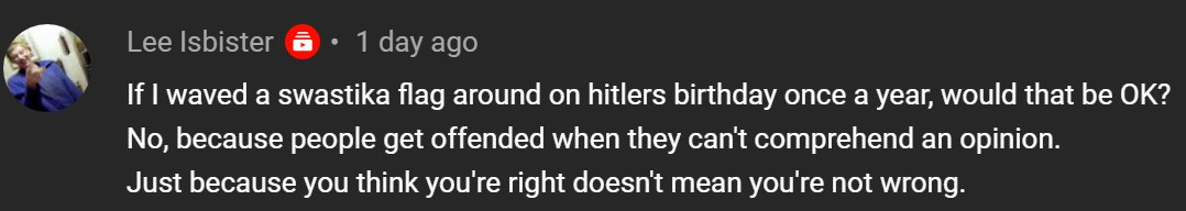 can you imagine saying gay pride and waving rainbow flags is the same as waving a swastika flag?? UNHINGED! What makes it worse is this is one of my brother's friends! Wonder why I moved away