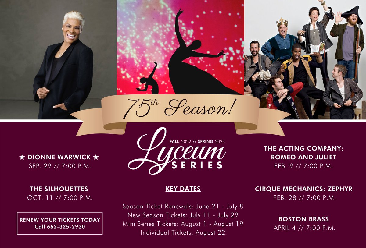 We are thrilled to announce the 75th season of the Lyceum Series at Mississippi State University! We will be kicking off our season on September 29th with the incomparable, six-time grammy award winning Dionne Warwick! Link in bio for more info!