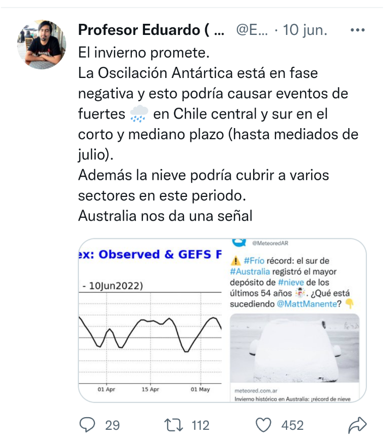 EdoWeatherman's tweet photo. A inicios de junio publiqué aquí que a pesar de La Niña, había que tener fe porque no se veía un invierno tan seco como muchos expertos creían. Hoy los datos y proyecciones me van dando la razón, tenemos una sucesión de 🌧️ y nieve llegando a Chile.
Ahora viene un fuerte temporal. https://t.co/bGTyo3HqEv