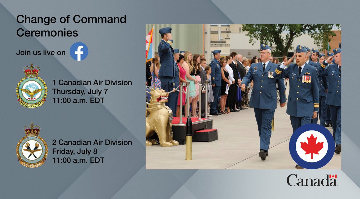 Mark your calendars, two very important #RCAF Change of Commands are happening this week!  

➡️ July 7 – MGen Iain Huddleston will assume command of 1 CAD from MGen E.J. Kenny.  
➡️ July 8 – BGen John Alexander will assume command of 2 CAD from BGen Denis O’Reilly.