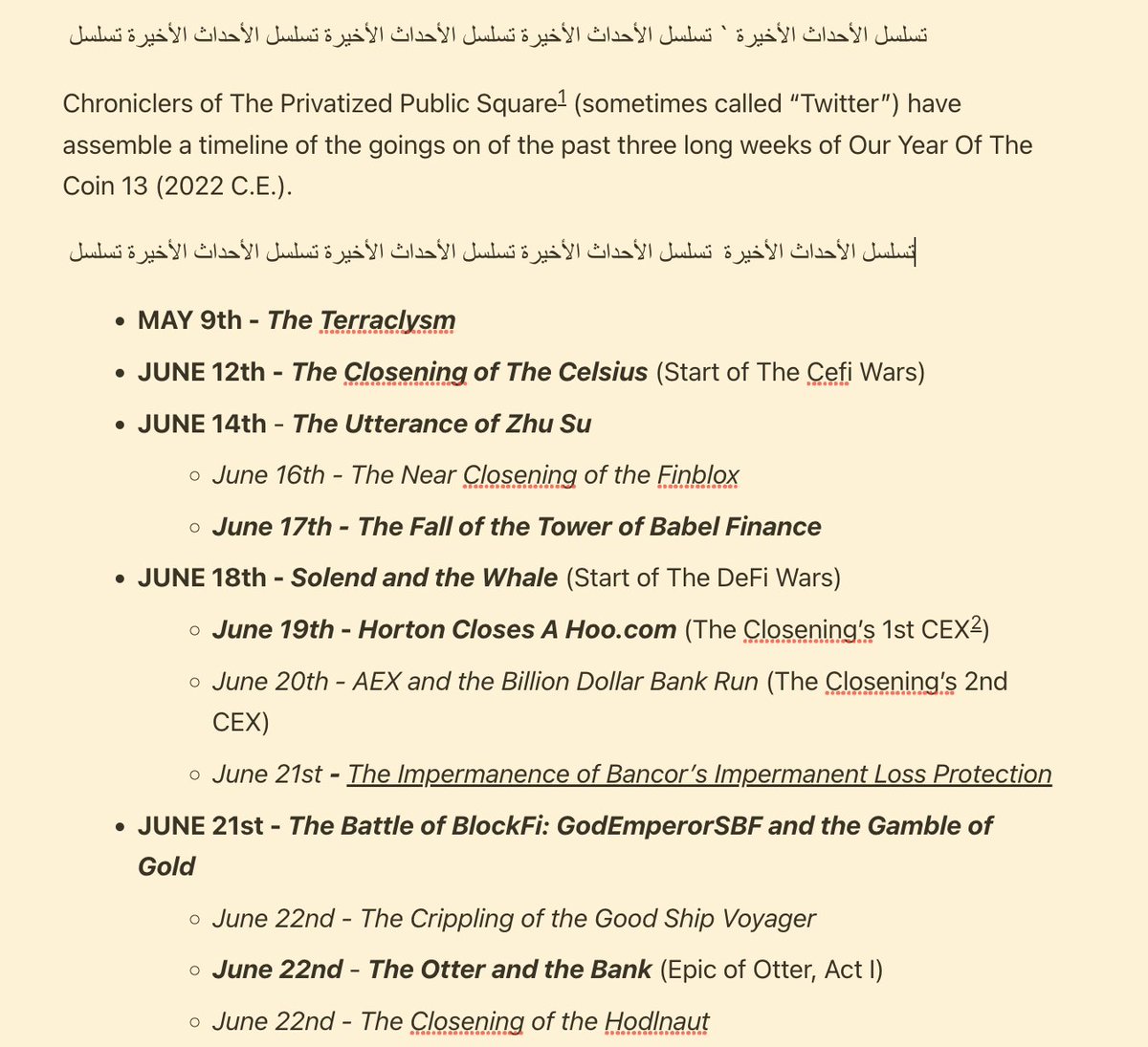 Cryptadamist's tweet photo. ∋∏  THE CRYPTOCALYPSE CHRONICLES, VOL. 1  ∏∈
 A Timeline of the Coinerian Jihad

Actually useful timeline for reference coupled with a scathing/humorous take on The #Terraclysm, the Dread Pirate #DoKwon (@stablekwon), #3AC Tribronity

#TerraLuna #Terra
https://t.co/hgu1OOXzc6 https://t.co/INDT5QNoux