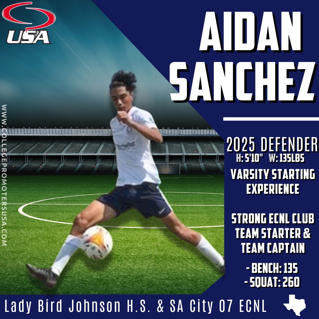 SATXrecruiting's tweet photo. #StudentAthlete Spotlight🔦:
⚽️@AidanSanchez25⚽️

‼️5'10" 2025 Defender From @sacitysc &amp; @JJMensSoccer‼️

- Varsity Starting Experience 🔥
- Strong ECNL Club Team Starter &amp; Team Captain 🥶
- 3.8 GPA 🧠

📽️Watch His 2022 Summer Club Highlights Here👇
https://t.co/vBn8fxyJo4 https://t.co/dqhaC92FXU