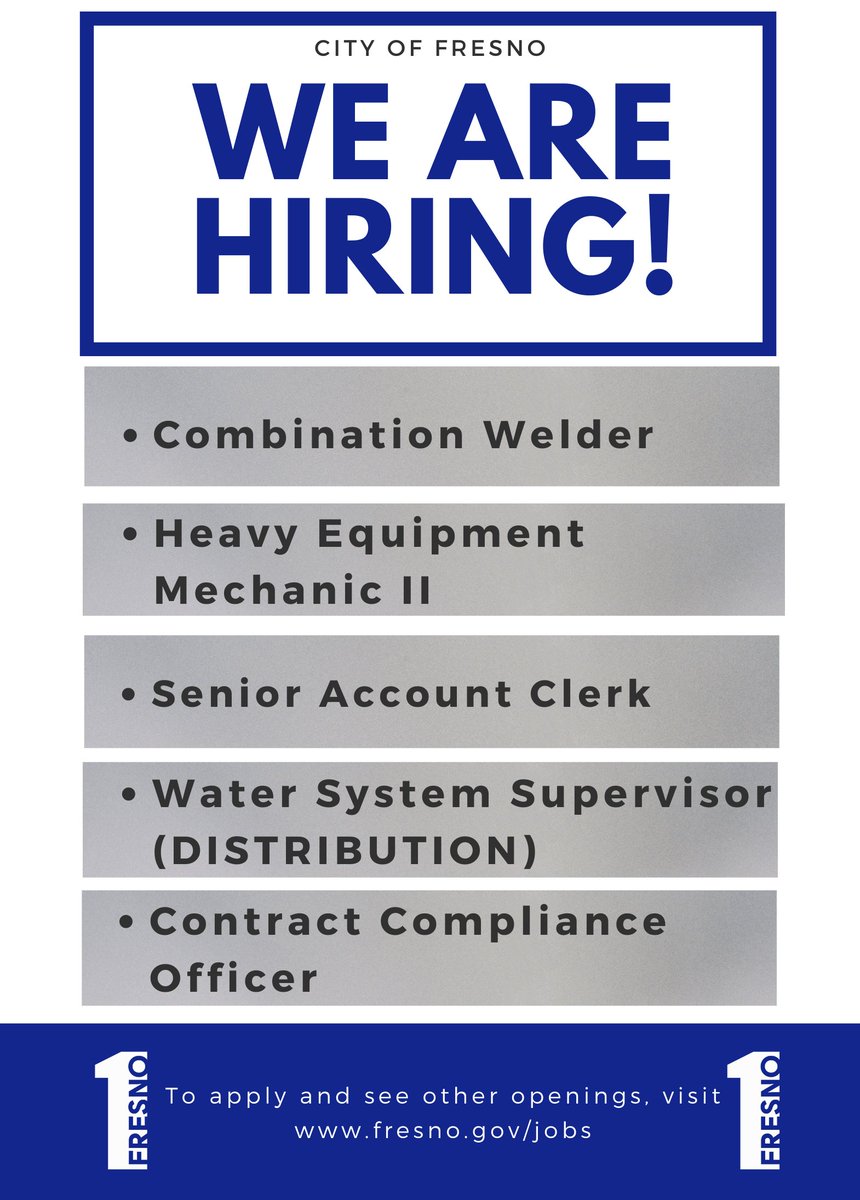 CityofFresno's tweet photo. We are hiring! 

🔹Combination Welder; deadline 7/15 
🔹Heavy Equipment Mechanic II; deadline 7/19 
🔹Senior Account Clerk; deadline 7/19
🔹Water System Supervisor; deadline 7/19
🔹Contract Compliance Officer; deadline 7/22

Apply now: https://t.co/brMD6Y9dz8 https://t.co/kwxOcihgll