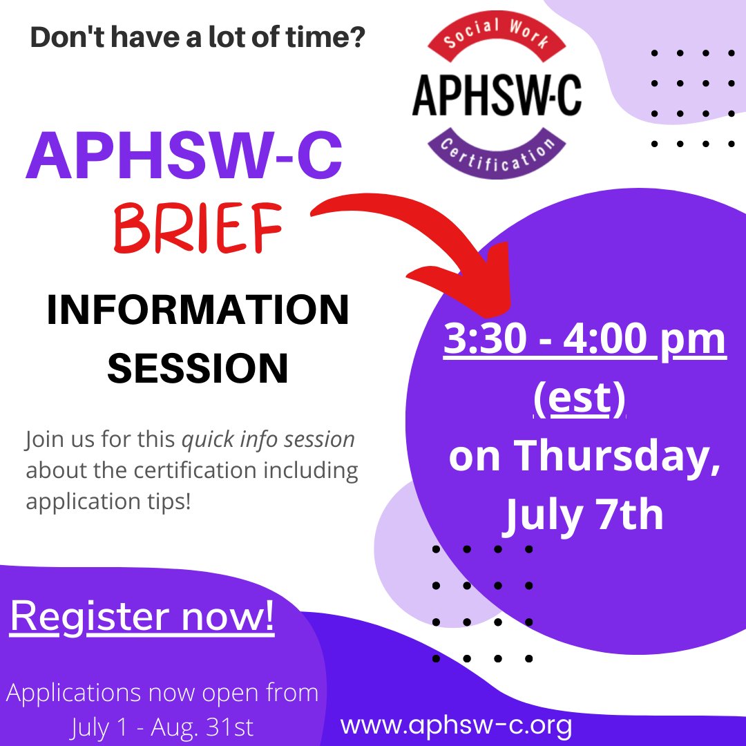 Got 30 minutes? Learn more about the APHSW-C, the only exam based advanced practice certification for social workers in the field of serious illness. register here:us06web.zoom.us/meeting/regist…