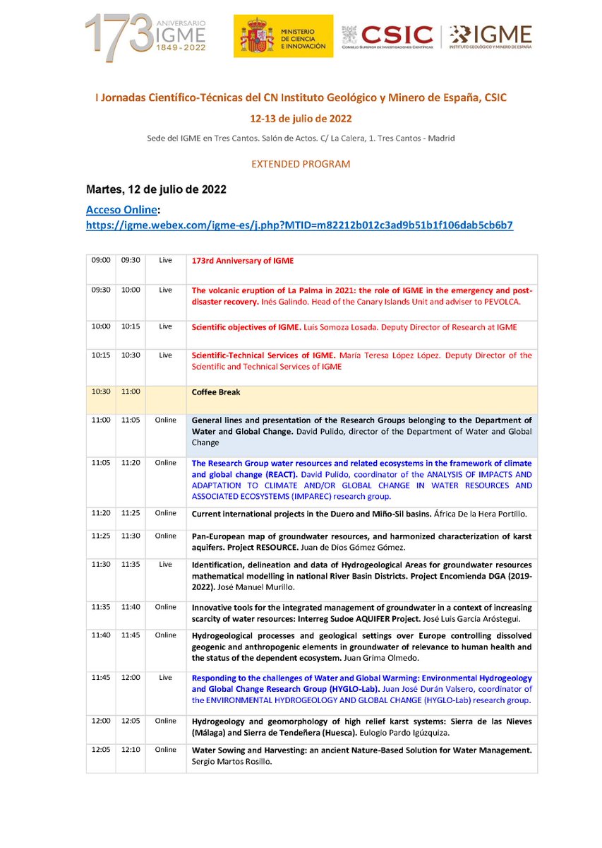 IGME1849's tweet photo. Aquí tenéis el día 12 de julio de las #jornadascientificotecnicasIGME #IGME_CSIC https://t.co/nh8nYFzwP5