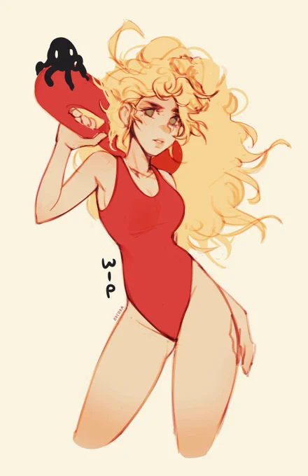 Lifeguard Waifu: July Sticker Club sketch/WIP🐙 

She's giving 90s Baywatch, can't wait to finish this one 