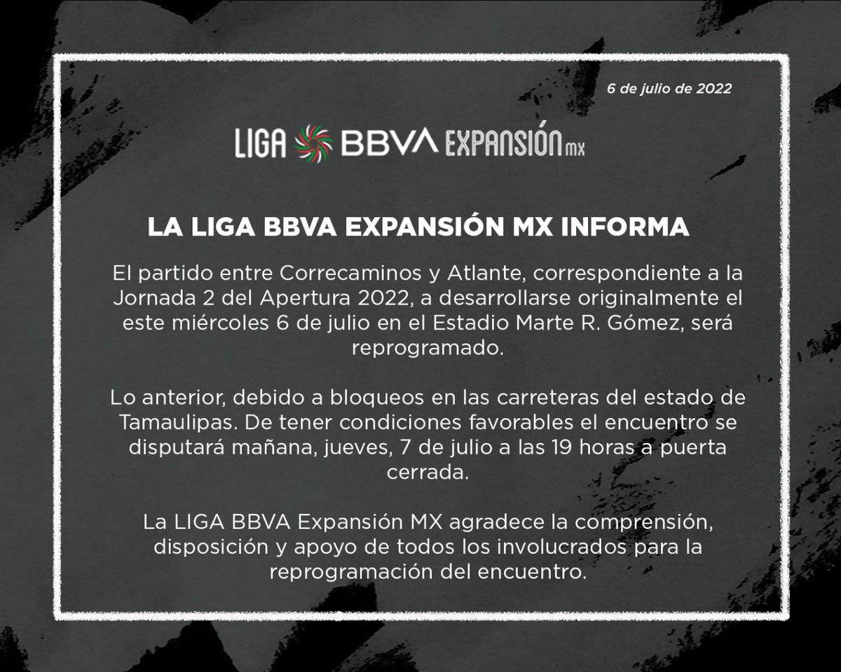 LigaMXExpansion's tweet photo. La LIGA Expansión MX informa:

Sobre la reprogramación del juego entre @CFCorrecaminos y @Atlante https://t.co/Ir1X1U3Dxi