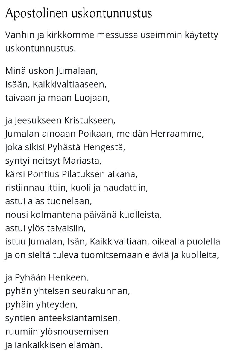 Tiina Keskimäki on X: "Tämä pitää osata ulkoa ennen #konfirmaatio:ta,  osaatteko? #ApostolinenUskontunnustus https://t.co/3umiqB2niK" / X