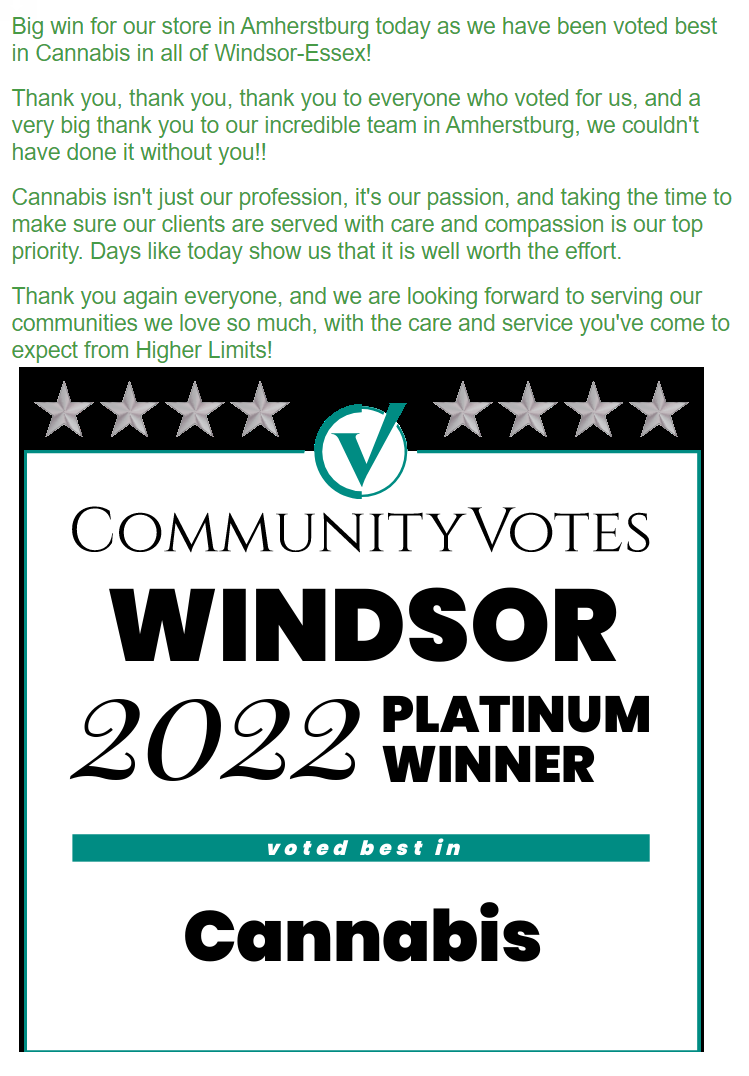 We were voted #best in #cannabis in #WindsorEssex for 2022!

So many thank yous! 🎉🎉🎉

#yourbestbuds #amherstburg #bestinchathamkentANDwindsoressex