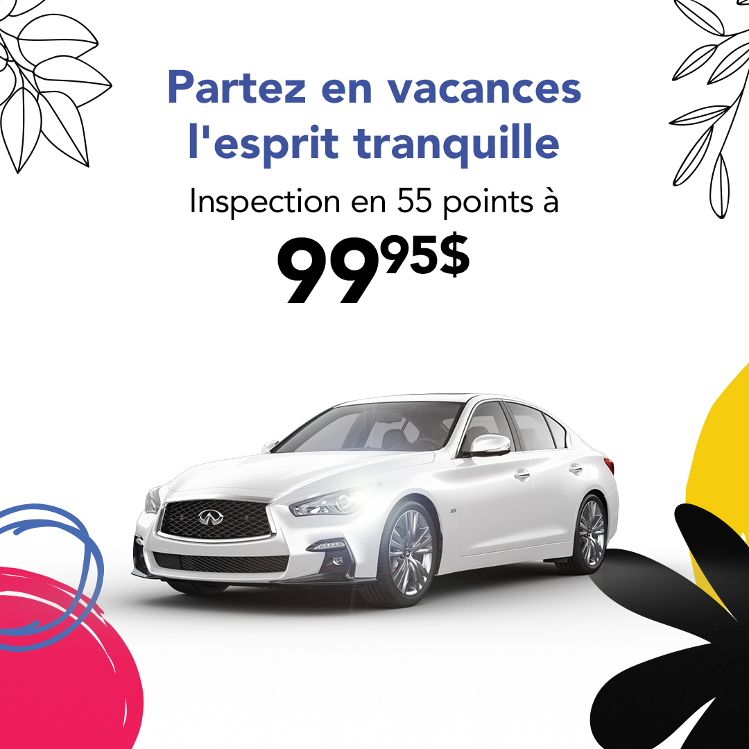 SpinInfiniti's tweet photo. Partez en vacances l'esprit tranquille.   😎 ☀️
Obtenez une inspection en 55 points de votre véhicule à 99,95$* ! 
#Spinelli100 #SpinelliInfiniti
👉 https://t.co/jz10JN74iV https://t.co/ncUpT4Uuj8
