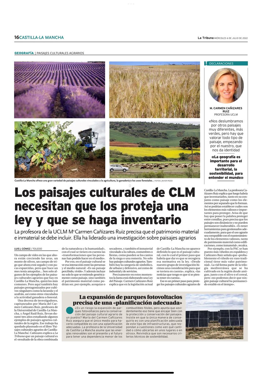GeografiaUCLM's tweet photo. Los paisajes culturales de Castilla-La Mancha necesitan que los proteja una ley y que se haga inventario. La profesora de #Geografía de @DeLetras_UCLM @uclm_es M. Carmen Cañizares es entrevistada en @LaTribunaCR en relación a la investigación sobre paisajes agrarios de la región https://t.co/PczAZSNCJL