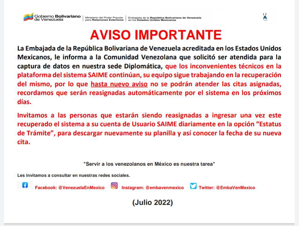 EmbaVenMexico's tweet photo. 🗣️ Aviso importante para la comunidad venezolana. https://t.co/bMhXqKynyv