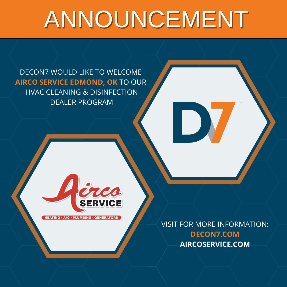 DeconSeven's tweet photo. We are excited to announce that @AircoService in Edmond, OK has joined our HVAC Cleaning &amp; Disinfection Dealer Program. #putsomed7onit https://t.co/HLjsEyLrLB
