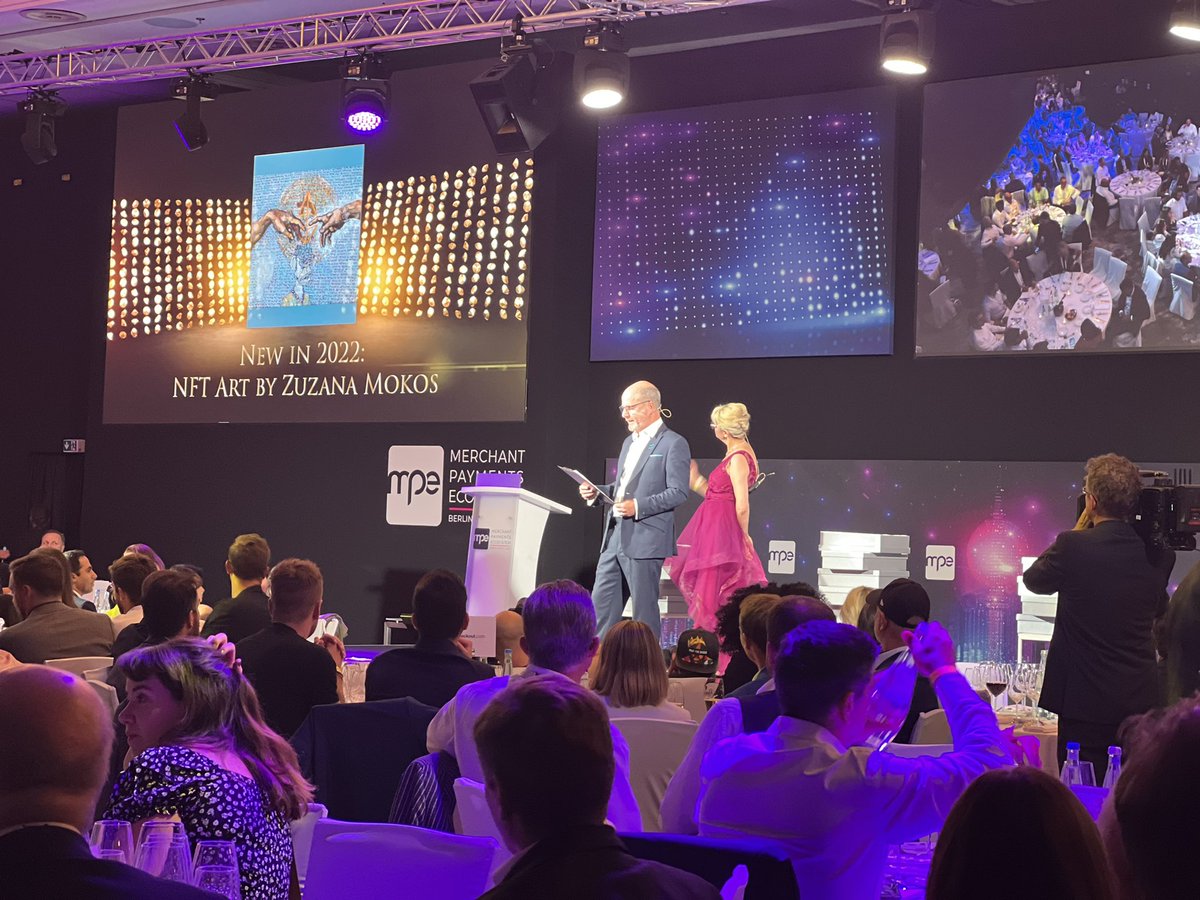 mpecosystem's tweet photo. @neirajones &amp; @Paul_Vendorcom just opened  #MPEAwards - 🎉Let’s celebrate Best of Best in Merchant Payments. New piece of  #nftart by @zuzikes introduced tonight. Specially created for the winner in Category: Best Use of Crypto. Stay tuned… https://t.co/oS7o8facfP