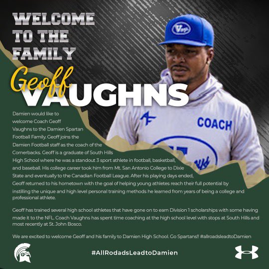 DamienFootball_'s tweet photo. Welcome to the family Coach Geoff Vaughns! Coach Vaughns will be coaching our Corners this season. #WithOurShieldOrOnIt https://t.co/1eFWOvqXOR