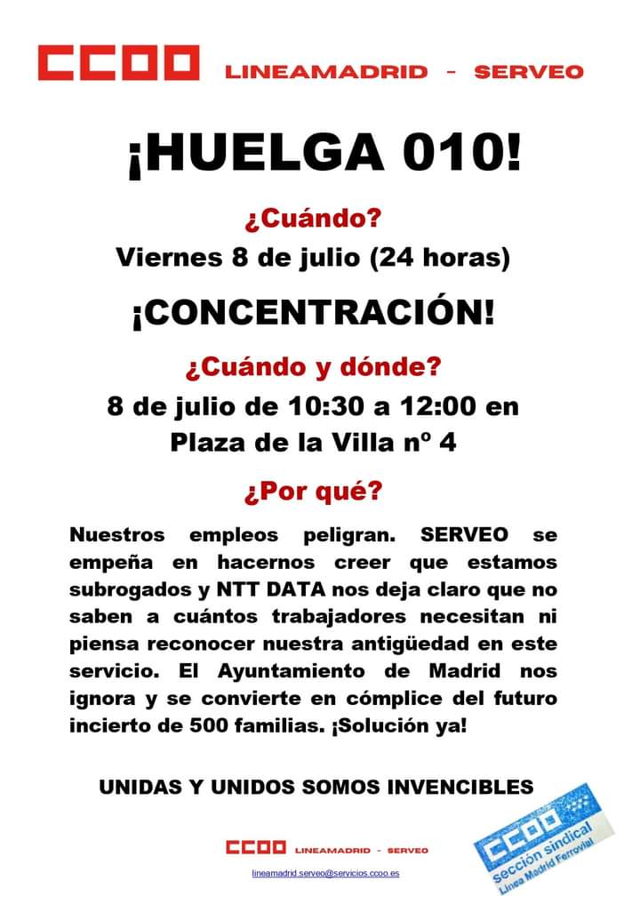 miriam_peiro's tweet photo. 8 de Julio en la Plaza de la Villa 4 a las 10:30 para decir al @MADRID que no pueden dejar a 500 familias de Línea Madrid 010 en la calle!
@Serveo_com y @NTTDataSpain culpables!
❌SIN TRABAJO
❌SIN INDEMNIZACIÓN
❌SIN PARO
@CCOOServMad
@CCOOMadrid
@serviciosccoo
@CCOOlineamadrid https://t.co/gTVzyIS5Ir
