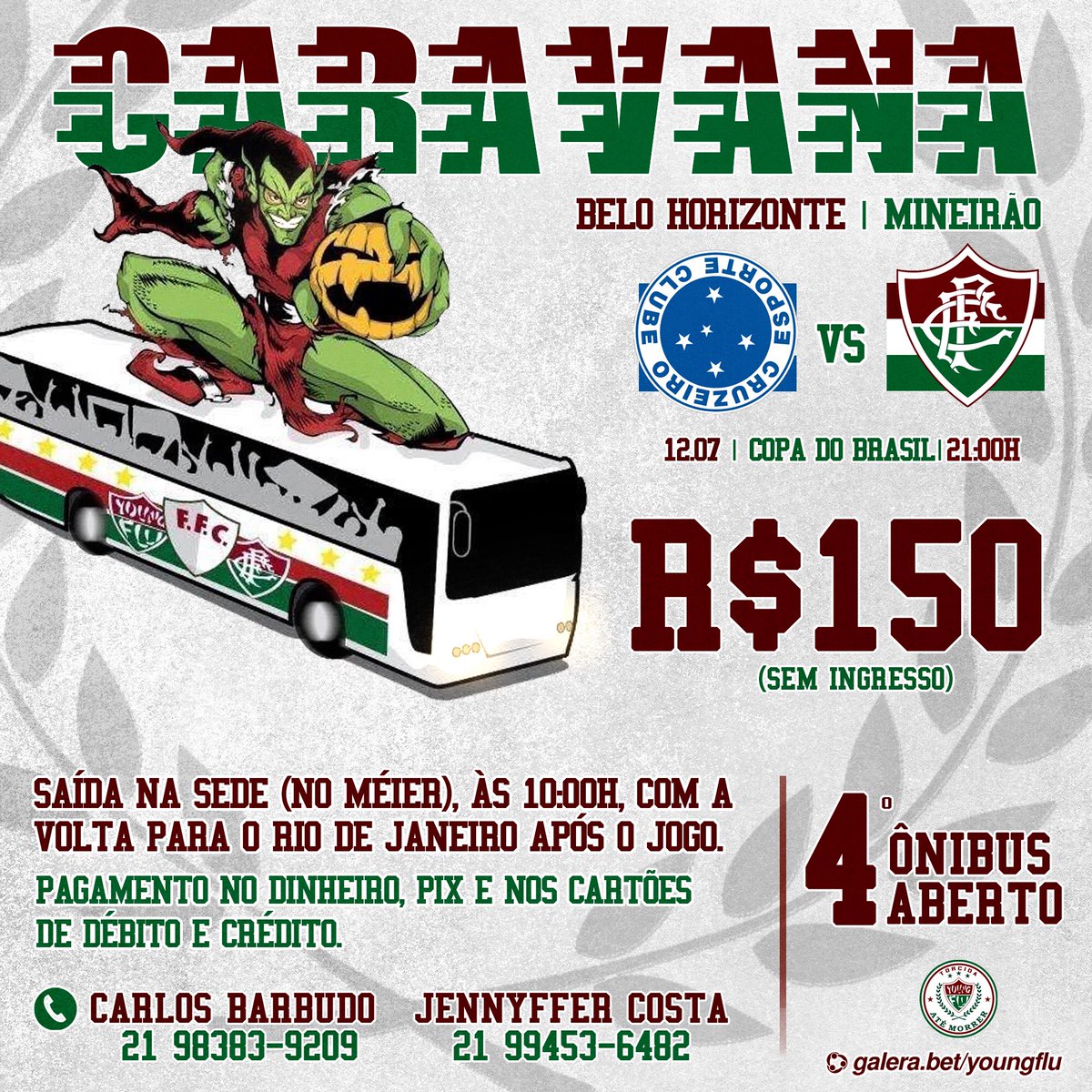 youngfluoficial's tweet photo. 🇭🇺 4º ÔNIBUS ABERTO!  

Garanta agora sua passagem na caravana! Vamos juntos apoiar o Fluminense e buscar essa classificação! 

⚠️ TODOS OS TRICOLORES SÃO BEM-VINDOS!

(21) 98383-9209 - Carlos Barbudo 
(21) 99453-6482 - Jennyffer https://t.co/uIpoyTCiSb