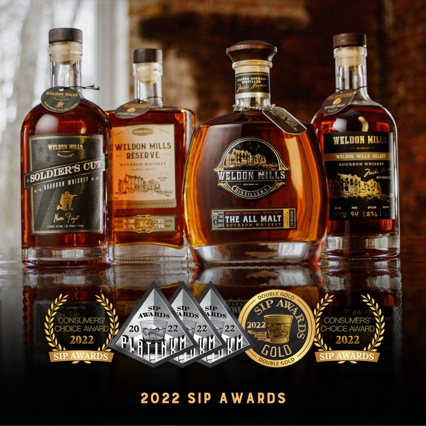 A winning line up!  🏆 Weldon Mills was the recipient of not one, but SIX 2022 Sip Awards!
🥃 Weldon Mills Reserve:  Double Gold &amp; Consumer Choice Award
🥃 Weldon Mills Select and All Malt:  Platinum Award
🥃 Weldon Mills Soldier’s Cut:  Platinum &amp; Consumer Choice Award