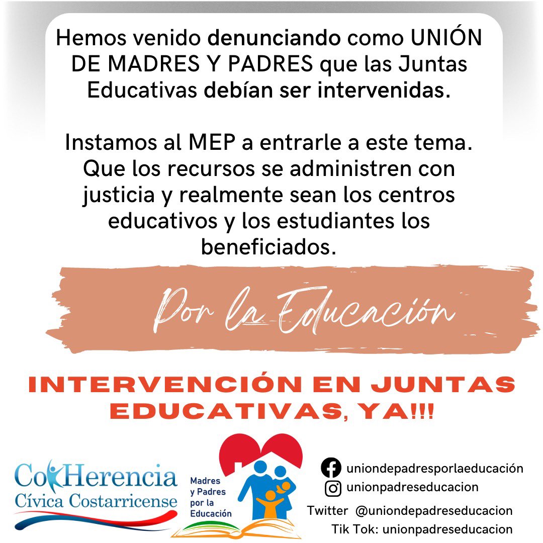 Nos alegra que la ministra está detrás de este asunto ya. Costa Rica puede seguir siendo un país próspero en lo educativo, si hay justicia en la administración de fondos, entre otros.
#exigimosparticipacion 
#madresypadresporlaeducacioncr
#hagamoslopornuestroshijos