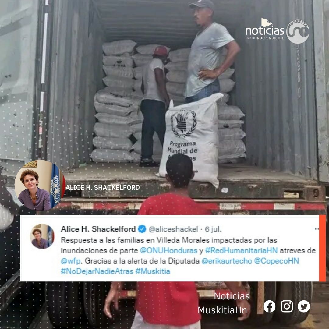 #NoticiasMuskitiaHn: 
La Coordinadora Residente de la ONU en Honduras @aliceshackel: Respuesta a las familias en Villeda Morales impactadas por las inundaciones de parte 
@ONUHonduras y #RedHumanitariaHN atreves de 
@wfp
Gracias a la alerta de la Diputada @erikaurtecho,  
#Copeco