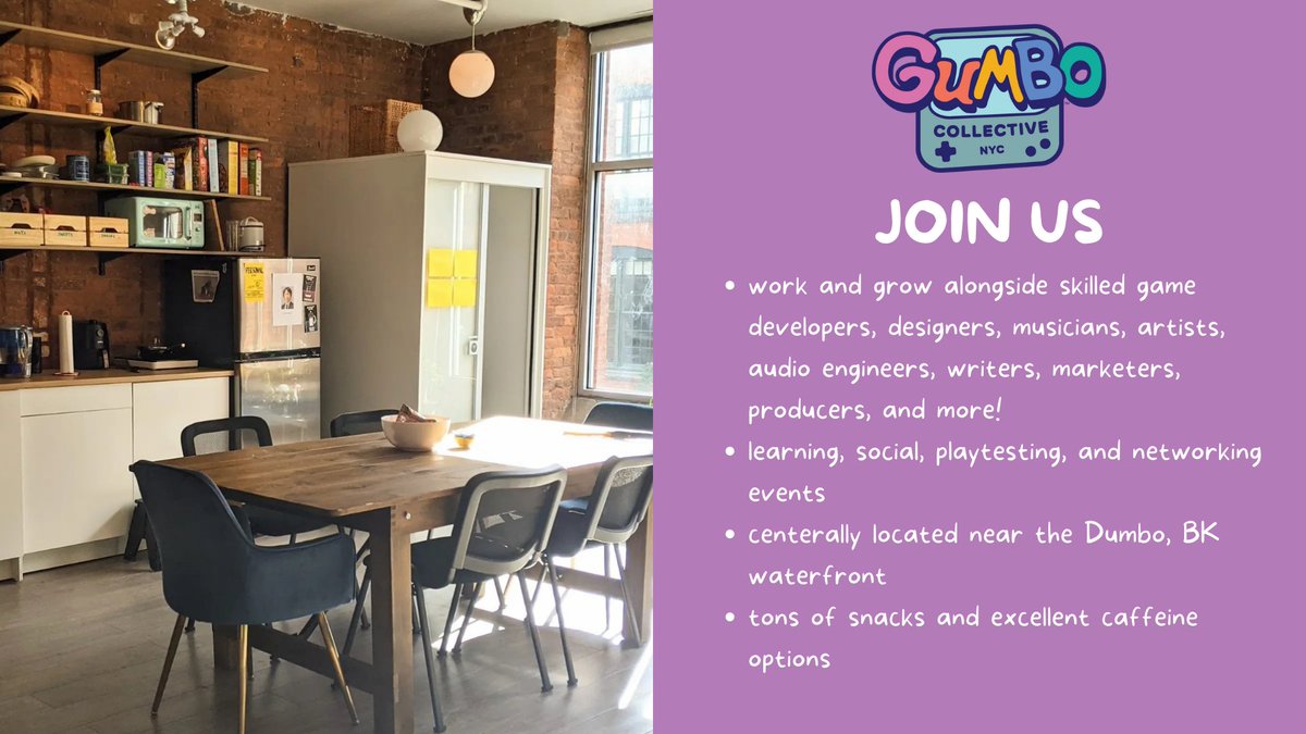 Hey! 🧚‍♀️

Join our collective. Apply here: forms.gle/C6hPrd9B5dQRk2…

#gumbonyc #NYmakesgames #collective #joinus #gamedev #indiedev #coworking #coworkingspace