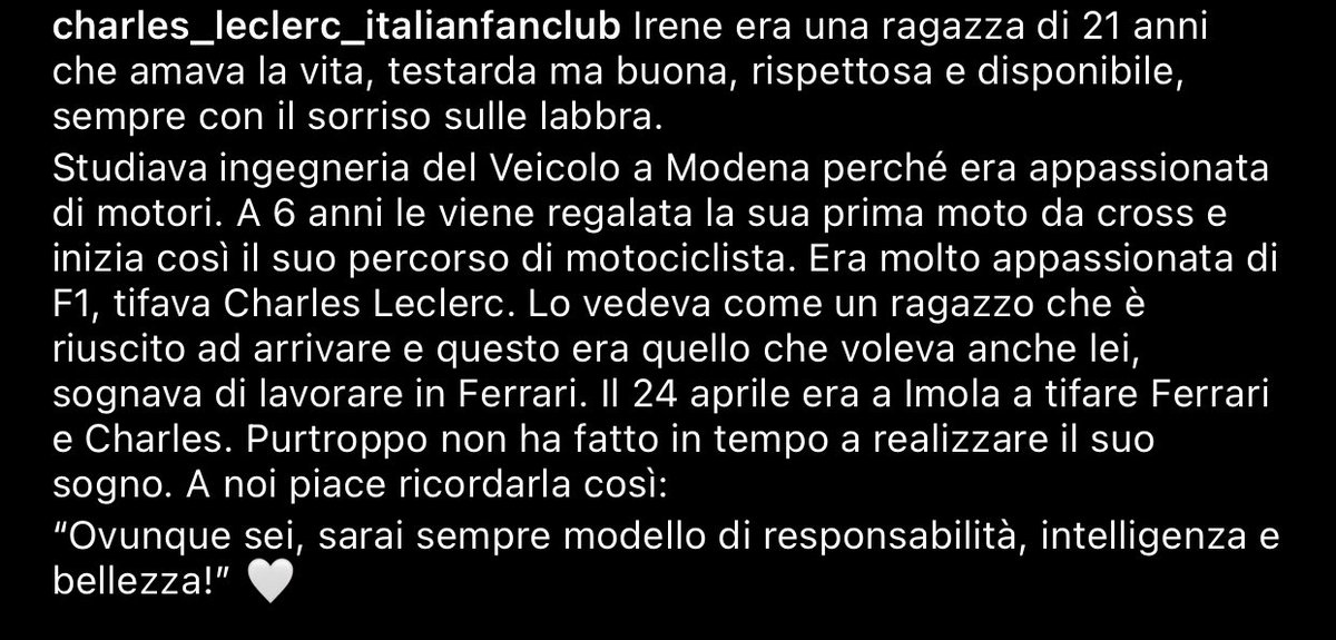 leclerc_club's tweet photo. Irene amava la vita, sognava di realizzare il suo più grande sogno sempre ispirata dal pilota che più amava, Charles. Irene è volata via e oggi noi vorremmo omaggiare la sua memoria così ♥️ @Charles_Leclerc @ScuderiaFerrari @Carlossainz55 @F1 https://t.co/ue1maxQAC4