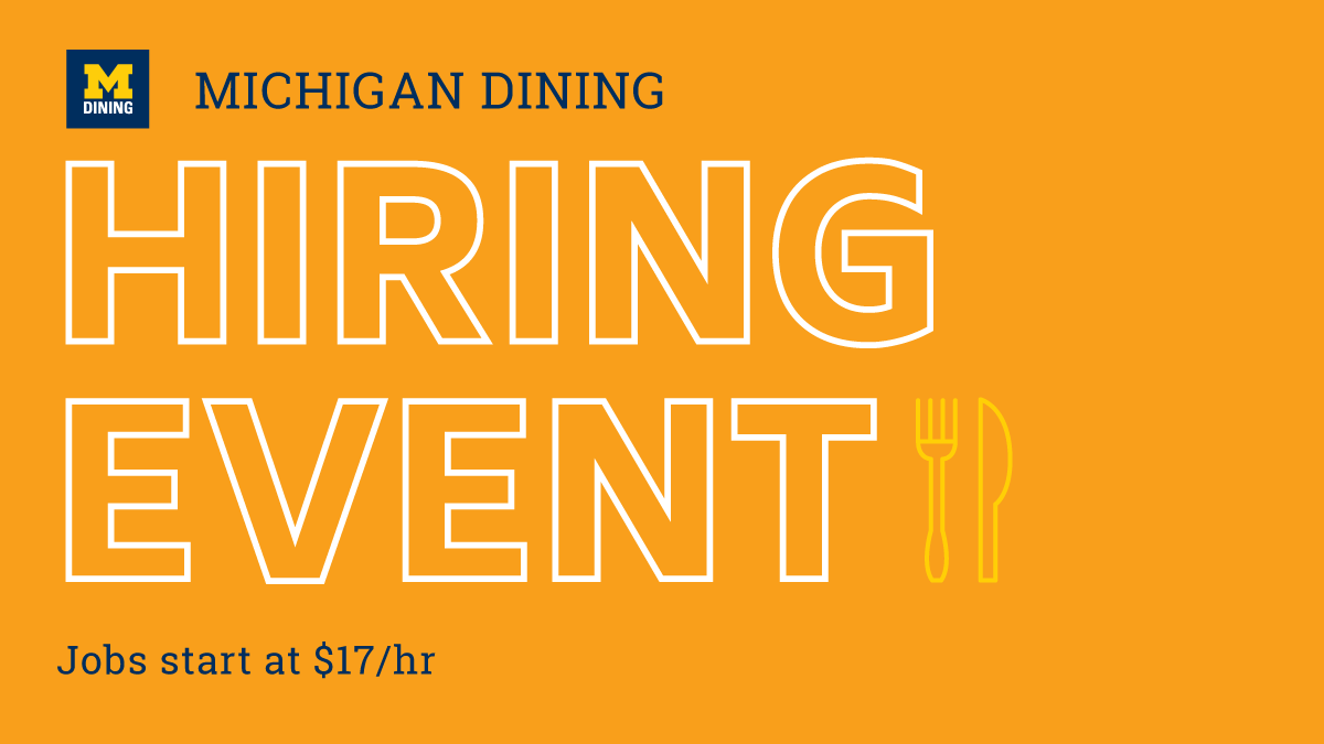 MichiganDining's tweet photo. Join us for a hiring event on July 13 and 14 from 9am to 4pm at the South Quad Dining Hall! Kitchen cleaners, cooks, &amp; food service workers start in August. Apply, interview, and get hired on the spot. Flexible hours, free meal with each shift, and full benefits. See you then! https://t.co/aB51QfpTO6