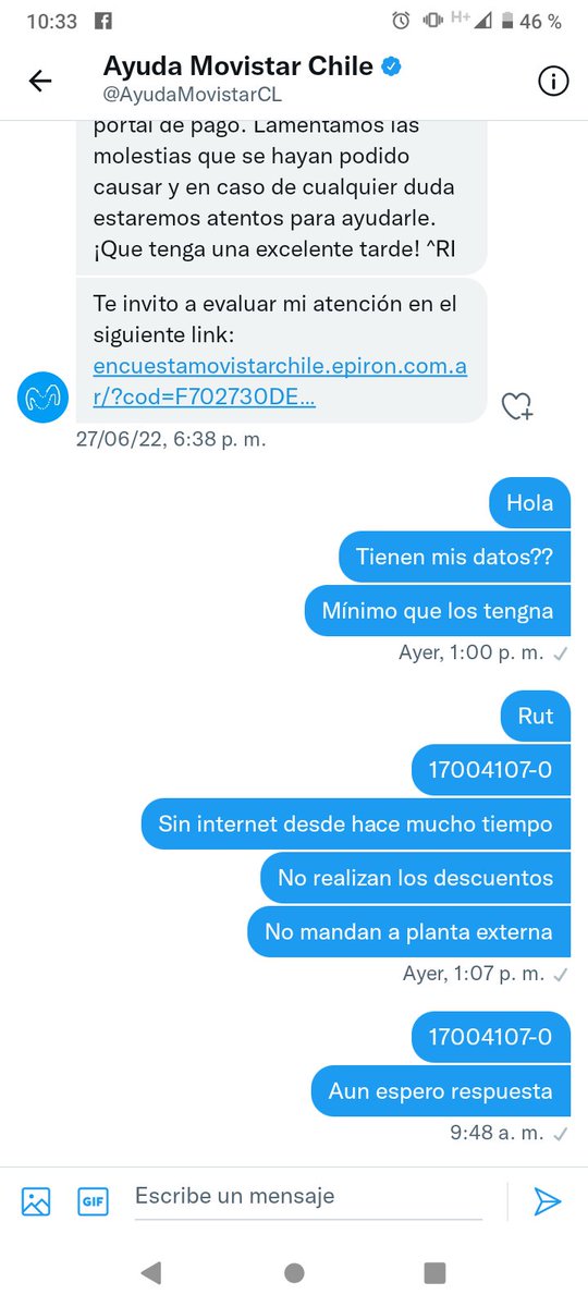 IsraelMunoz14's tweet photo. @MovistarChile @AyudaMovistarCL Es un chiste?? Hoy me han pedido 4 veces que les mande un DM y ya lo hice https://t.co/uORjiM1LJZ