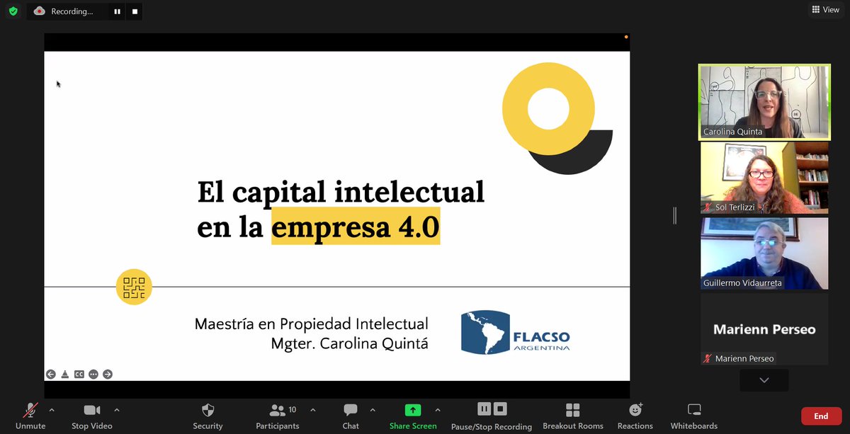 sol_terlizzi's tweet photo. En la segunda sesión del #MiércolesDeForos en vivo la profesora Carolina Quintá @cquintagoy  se encuentra con estudiantes de la cohorte VI de la #Maestría en #PropiedadIntelectual de la @FLACSOARGENTINA  para conversar sobre la #empresa 4.0 https://t.co/Z2WWUhjGcV