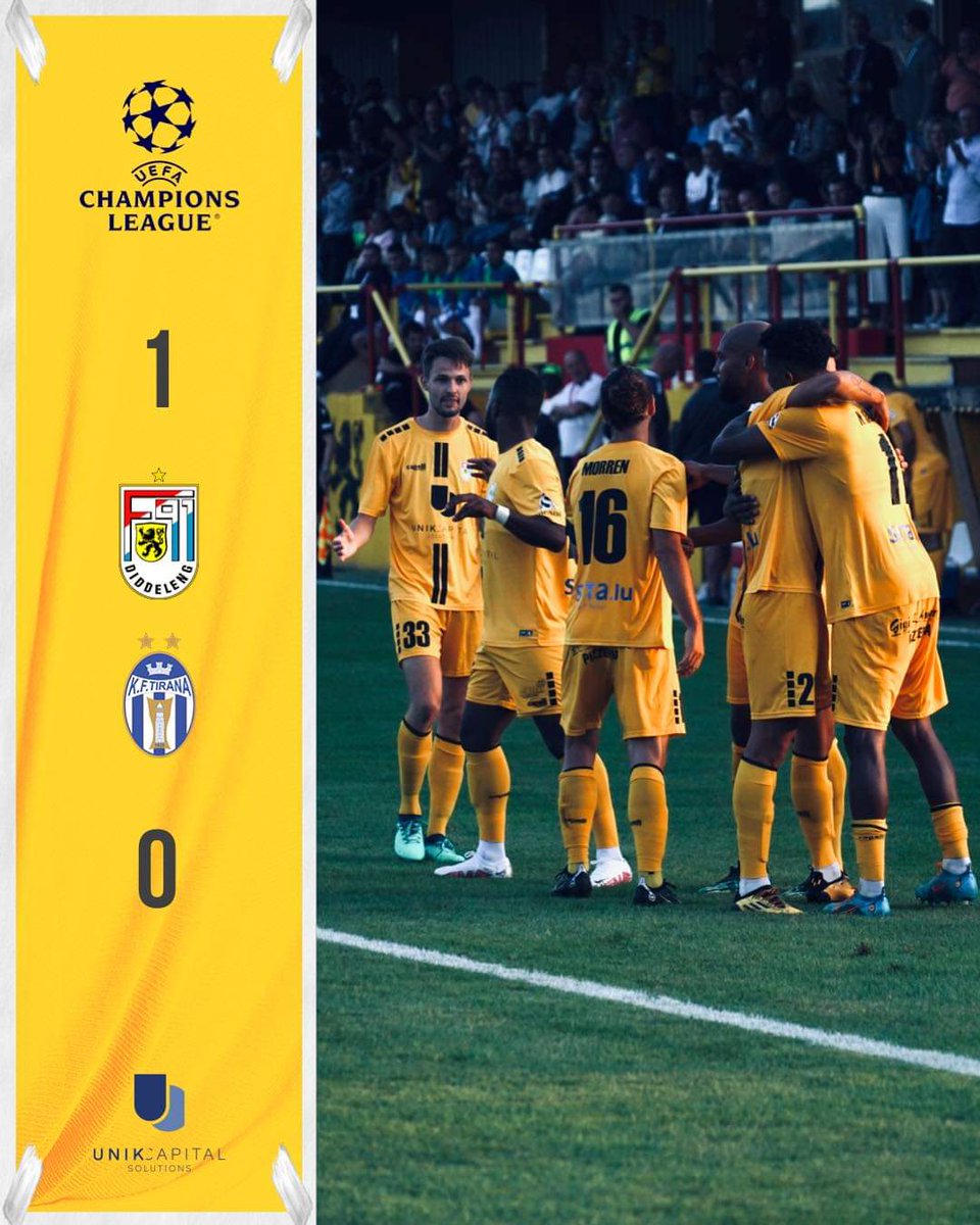 LuxembourgFooty's tweet photo. THE END! #F91KFT
Dudelange win their home game against Tirana as they take a huge step towards progressing from here! Absolutely beautiful stuff!

Playing without Kirch in the 2nd leg might prove tough but now's not the time to worry!

Step 1 out of 8 ✅ https://t.co/nk6FJ2GfIs