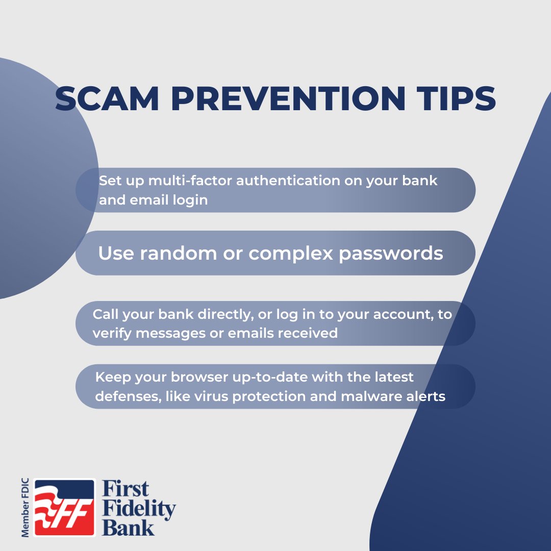 gobankffb's tweet photo. The best offense is a good defense. Use these tips to protect yourself from potential scams.
#ScamPrevention #Scam #BankSafety #ProtectYourself #ScamAlert #BankSmart #OnlineSafety #WeGoWhereYouGo #FirstFidelityBank #CommunityBank https://t.co/UsgjipIwHB