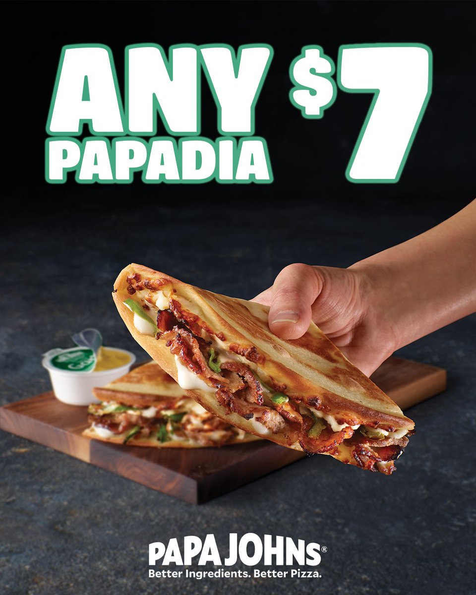 Part Sandwich + Part Pizza = Papadia

Try one of our delicious Papadias today for just $7 with the online promo code: ANYPAPADIA

#BetterIngredientsBetterPizza

#PapaJohnsPizza #PapaJohns