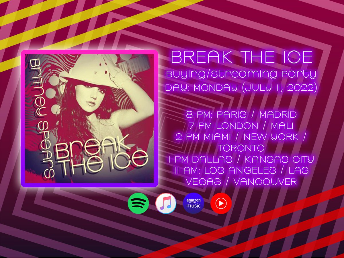 BritWorldCharts's tweet photo. 🚨BUYING/STREAMING PARTY🚨

On July 11, 2022, we #BritneyArmy going to buy "Break The Ice" on iTunes but also stream it on Spotify/YouTube so it could chart!!

Let's go!!! @britneyspears https://t.co/Jn46MZRqYx