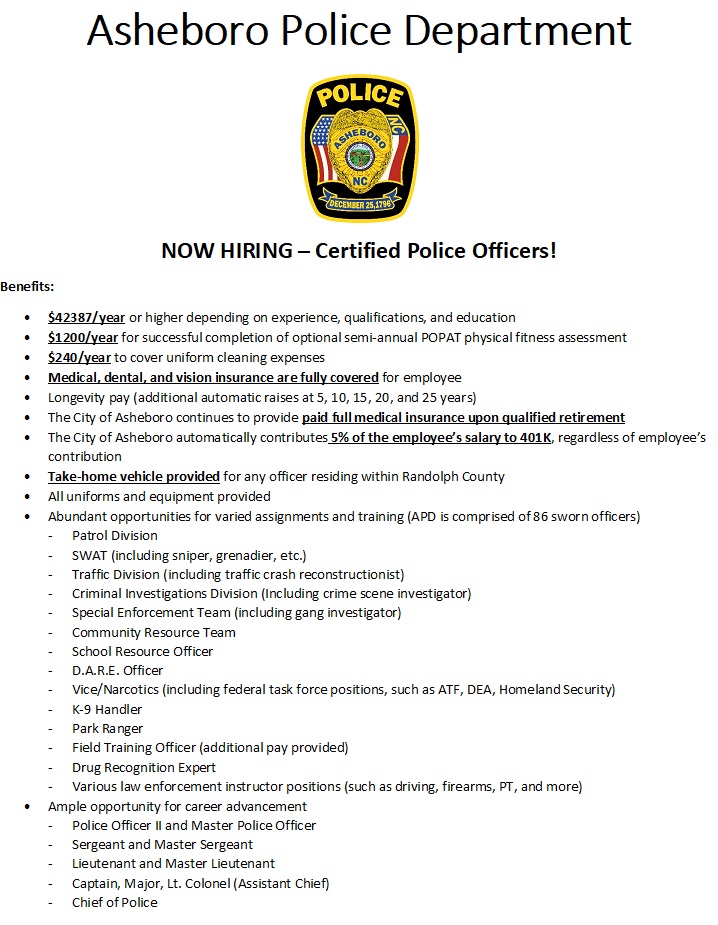 AsheboroPolice's tweet photo. The Asheboro Police Department is currently hiring certified law enforcement officers.  Anyone interested is encouraged to contact Capt. D. Wagner at 336-626-1300, ext. 320 or dwagner@ci.asheboro.nc.us. https://t.co/pwohUkfx17