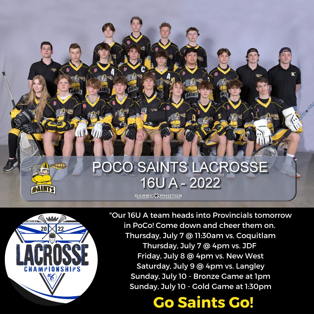 Wishing our 16U A team the best of luck in the 2022 British Columbia Lacrosse Association Provincials that start tomorrow in PoCo!
🥍Game schedule on image. 
🔥Come down and support them!
Go Saints Go! 💛🖤
#pocosaints #saintslacrosse #boxlacrosse #bclacrosse #provincials