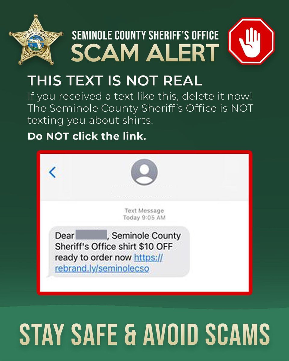 SeminoleSO's tweet photo. NOTICE: Texts like this one are circulating again. Do NOT click the link. This is not real. Please delete. https://t.co/0y4JExEixk