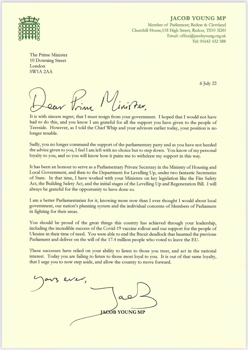 jcbyoung's tweet photo. I have agonised throughout today - I have supported the Prime Minister through thick and thin.

It’s because of my loyalty to him, that I urge him to now step aside and allow the country to move forward. https://t.co/3pT7tlopTB