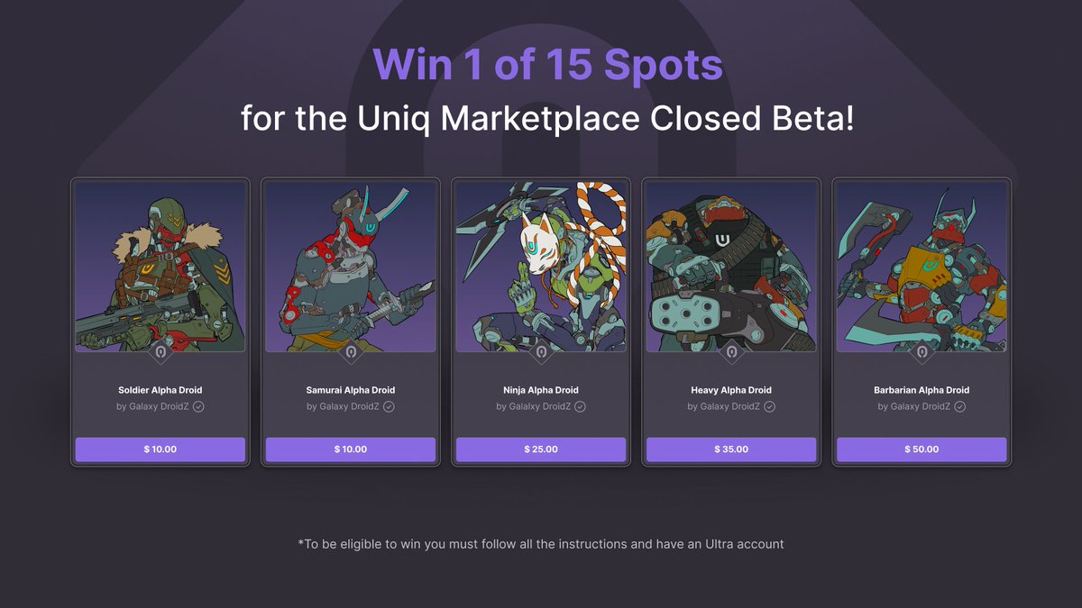 Alpha DroidZ Lvl 2 drop is imminent. Participate to join the Uniq Marketplace beta!

To enter:
✅ Follow @ultra_io + <a href="/Galaxy_DroidZ/">Galaxy DroidZ</a>
✅ Like + RT
✅ Tell us which Droid would win in arm wrestling
✅ Have an active Ultra account (ultra.io/download)

Ends tomorrow @ 3pm UTC!🖖