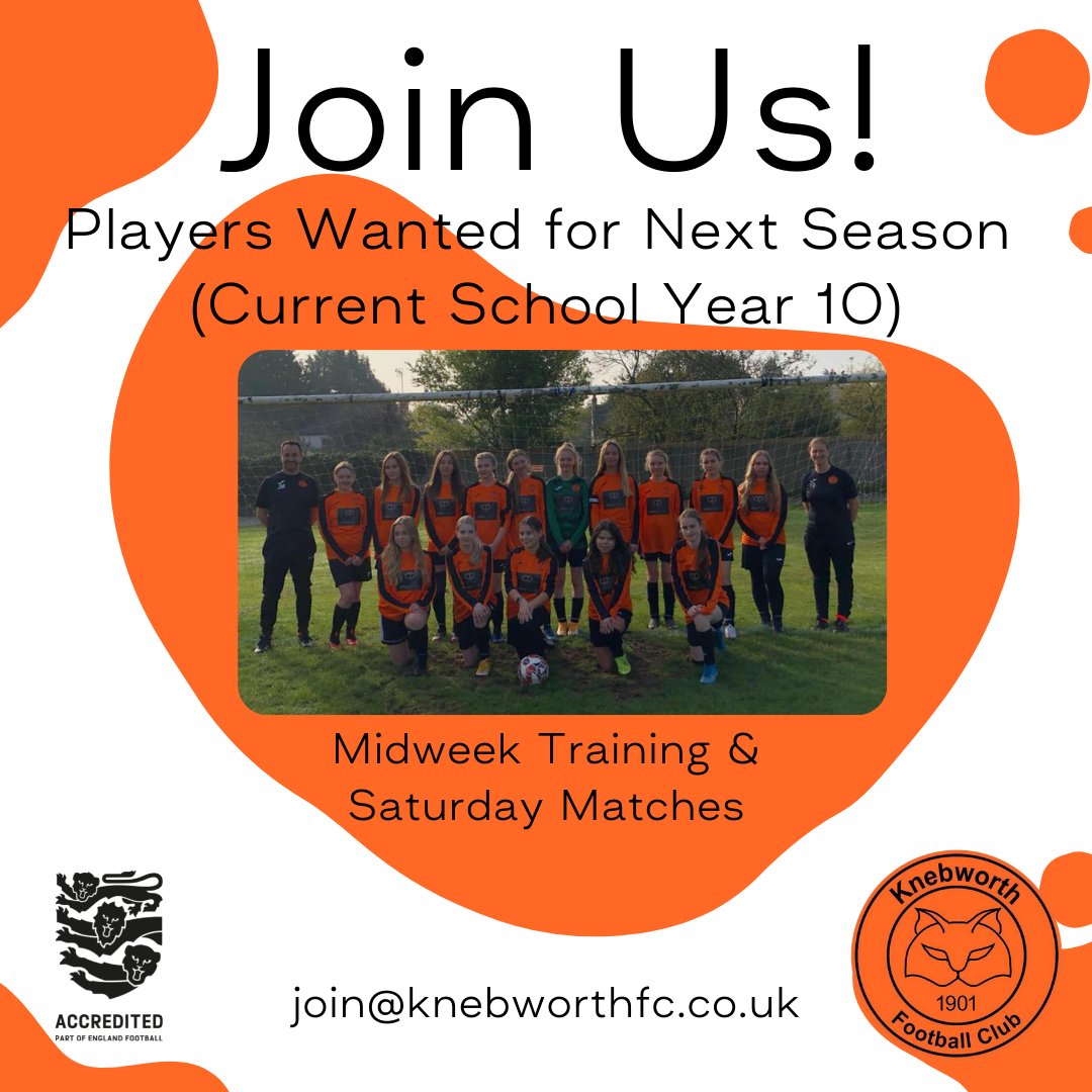 Enjoying #WEURO2022? Join our #Lionesses!
Female players wanted for our U16s, playing on Saturdays in the Herts Girls Partnership League &amp; training on Tuesdays. Looking for players from current years 10 &amp; 11.  
#PlayersWanted #GirlsFootball #Herts