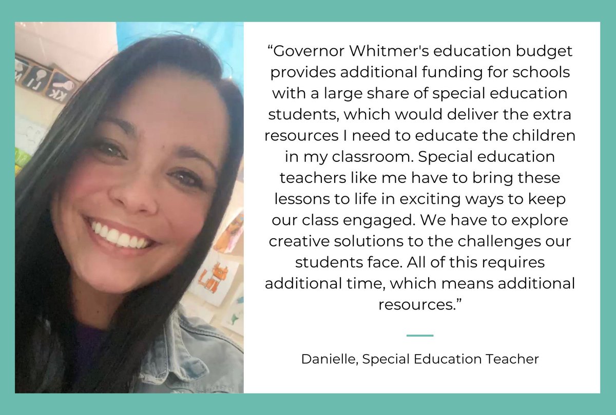 GovWhitmer's tweet photo. Our budget makes the highest per-student funding in Michigan history, boosting support for special education and getting teachers like Danielle the tools they need to make sure every kid gets the support they deserve. https://t.co/Pk7b4fvIrg