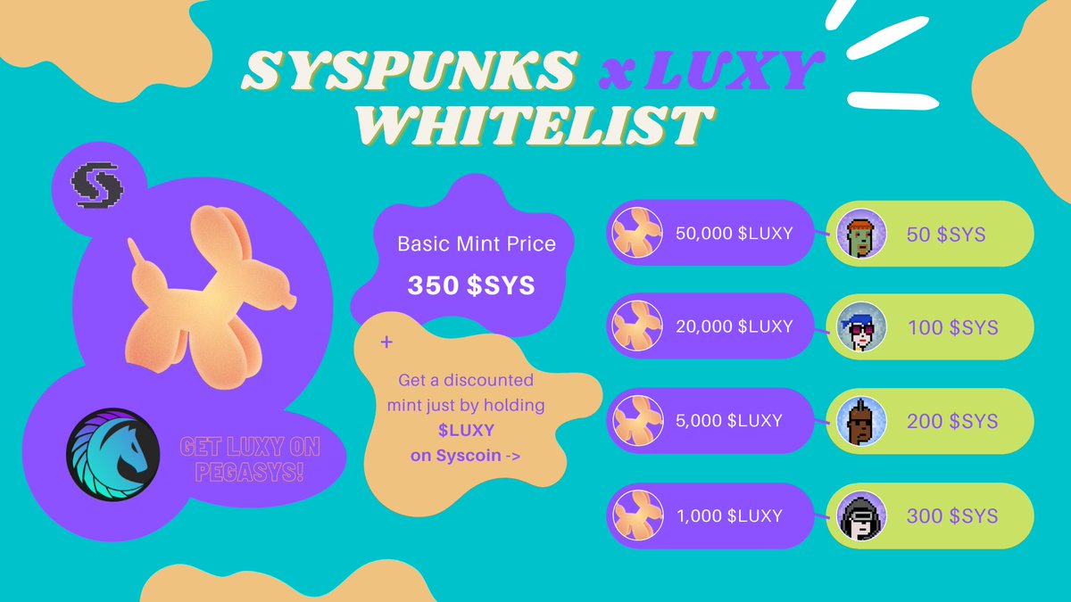 syspunks's tweet image. &amp;gt; WHITELIST ANNOUNCEMENT &amp;lt;

For the #SysPunks mint, how much $SYS you pay is directly related to how much $LUXY you hold in your @syscoin wallet!

Ready to become a $LUXY holder?

Don't be basic, get @Luxy_io now on @PegasysDEX!

How's that for an united #Syscoin ecosystem 😎