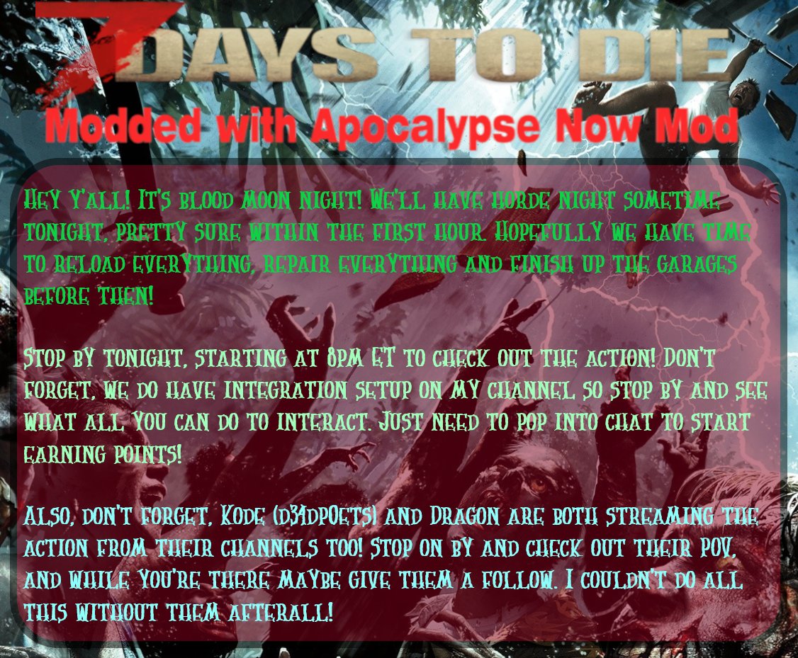dyne322's tweet photo. #7daystodie #SmallStreamersConnect #SupportSmallStreamers 

Going live by 8pm ET! Horde Night! Let's Go!

Twitch Integration changes -https://t.co/wmH6ZLpvHf

https://t.co/qW0PHQ10VJ (Integration here)
https://t.co/xz5RVAdez9
https://t.co/kYdyvIc07j (Kode)

@OwlRetweets
@OwlShare https://t.co/YpZGNLaYkh