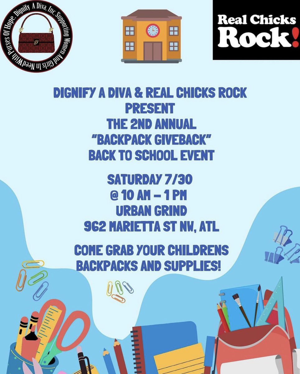Yay!!! We LOVE doing this ☺️

@dignifyadiva_official and <a href="/realchicksrock/">edLAine </a> will be collecting and giving school supplies to families that need it. 

Join us on Saturday, July 30th from 10am - 1pm at one of our favorite places @urbangrindatl 

Mark your calendars and come thru!