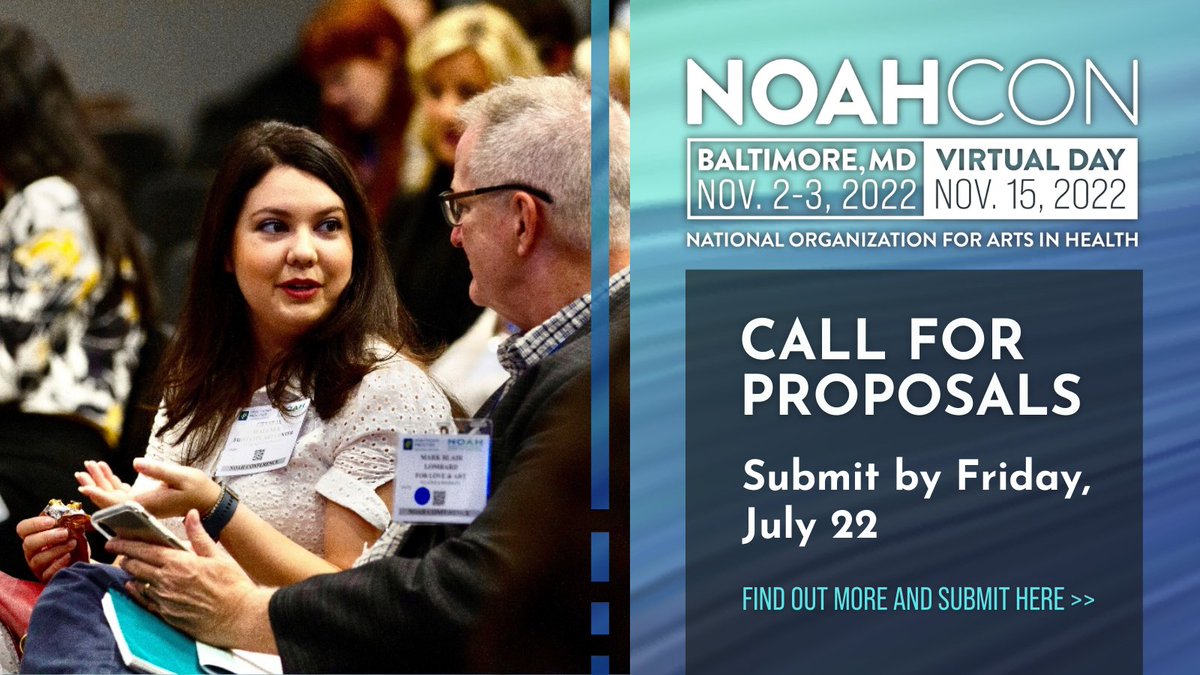 Present at NOAHCON’22 to share your expertise and/or research in arts in health! International submissions welcome!

Details here: bit.ly/3RelE2e

#callforproposals #thenoahcon #hybridconference #thenoahcon22 #artsinhealth #artsinmedicine #artshealthwellbeing