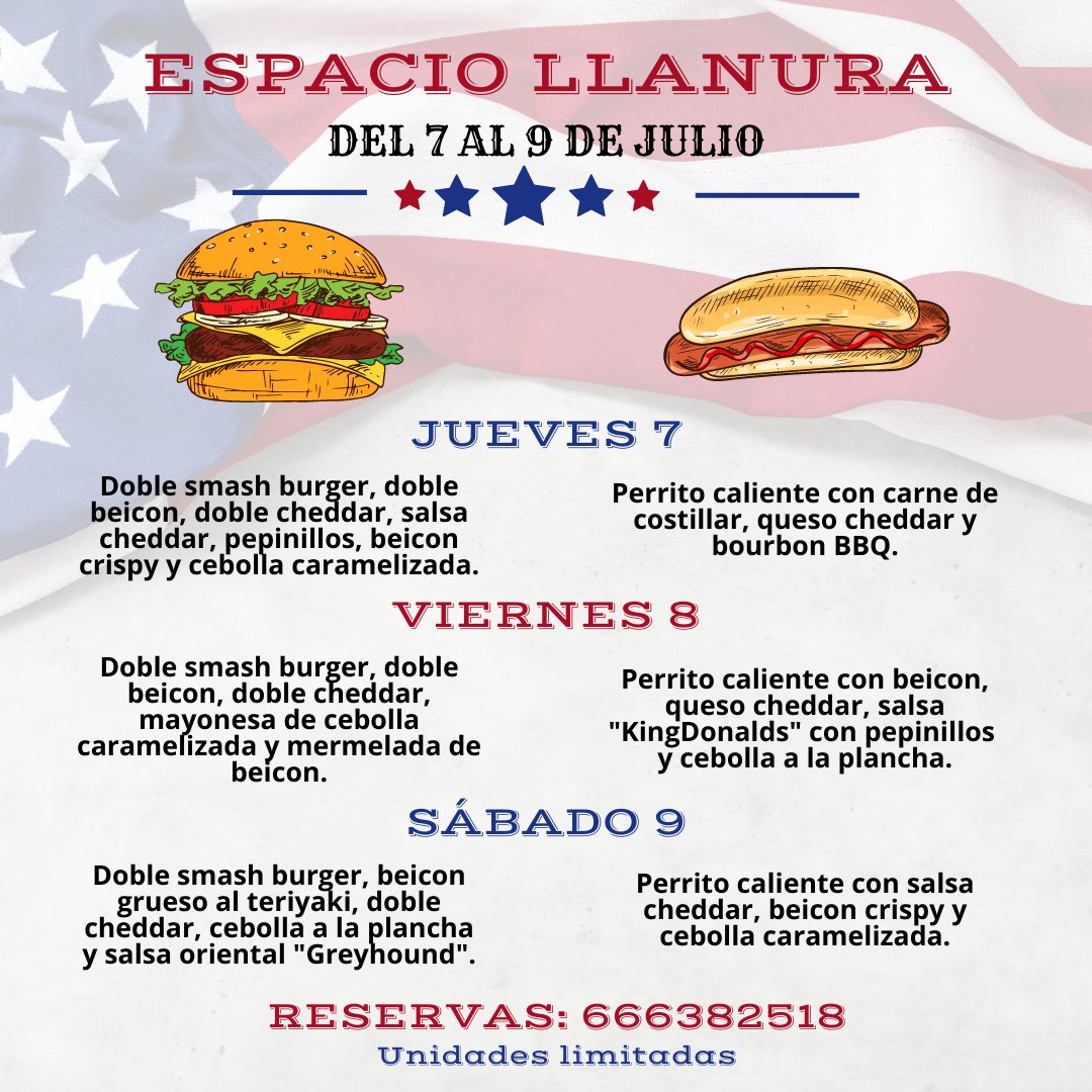 📣 NOVEDADES‼️
🔺 El 4 de julio es el día de la independencia de Estados Unidos 🇺🇸 y nosotros hemos preparado unos platos especiales 😋 para celebrarlo 🗽
🔺 De jueves a sábado tendremos 1 hamburguesa 🍔 y 1 perrito caliente 🌭 cada día 🤘
🔺 Reservas: 666382518 ☎️