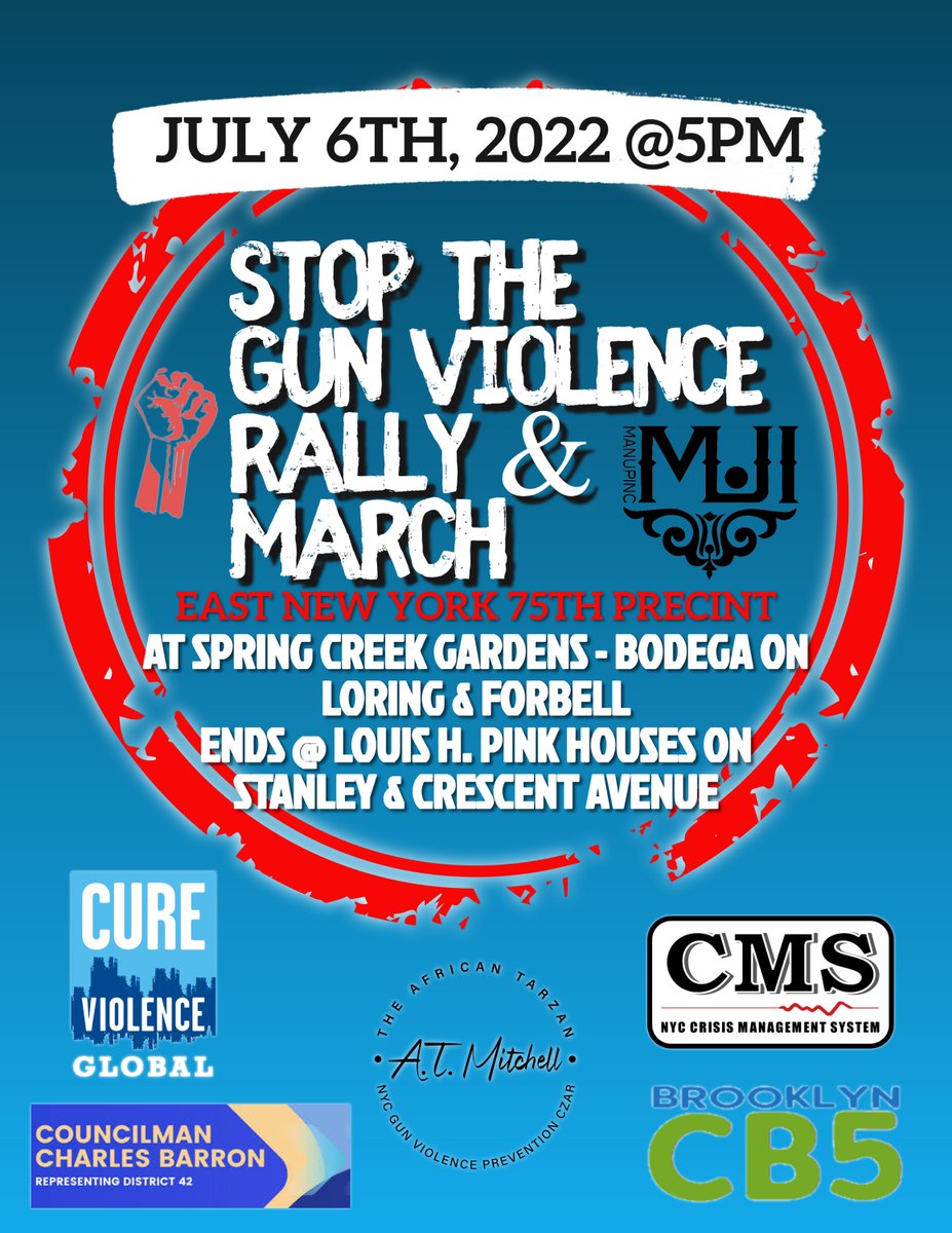 Greetings Community! Please note there will be a gun violence rally and march this evening starting at 5pm. The march will start at Loring & Forbell and end on Stanley and Crescent Avenue. Please see the attached for details. #BrooklynCB5