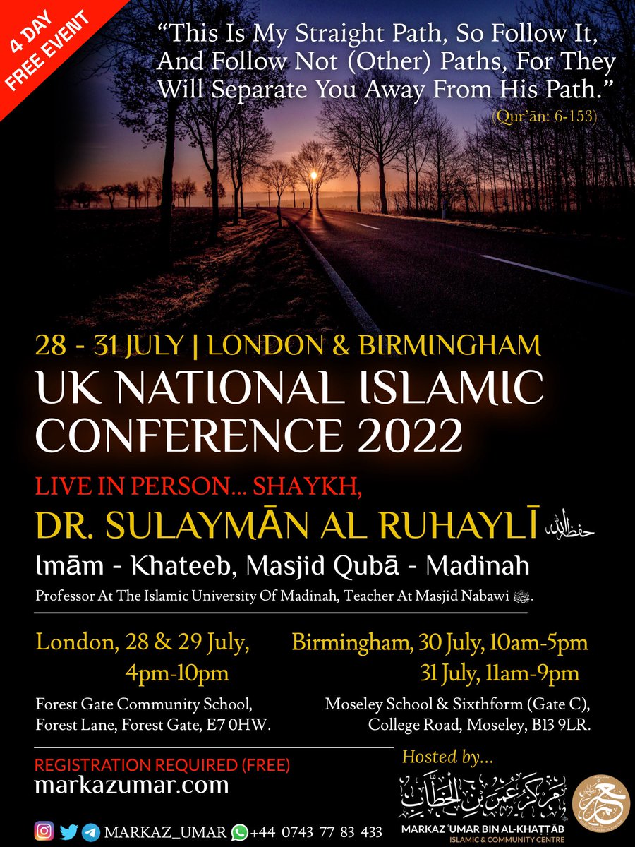 💥BIG ANNOUNCEMENT *📣!!

Shaykh Dr. Sulaymān Al Ruhaylī حفظه الله <a href="/solyman24/">سليمان الرحيلي (سليمان بن سليم الله)</a> <a href="/SolymanENG/">Sulayman Al-Ruhayli</a> 

Attending live in person, UK National Islamic Conference 2022

28 - 31 July | London &amp; Birmingham

Hosted by MarkazUmar.com

Share this wonderful news