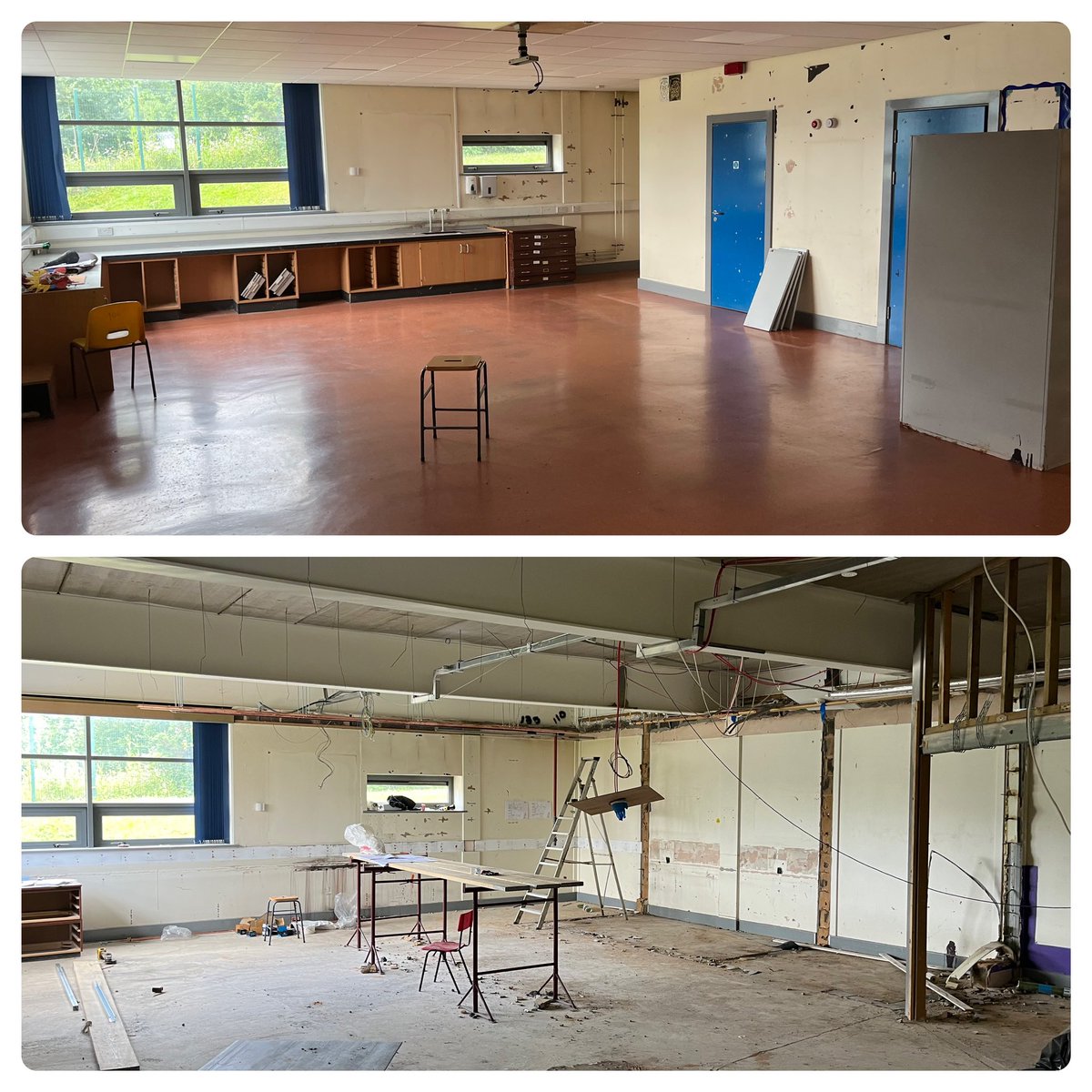 Progress on the new workshop. Two existing storerooms in the classroom have been removed. The space is amazing, and perfect for an Engineering workshop.