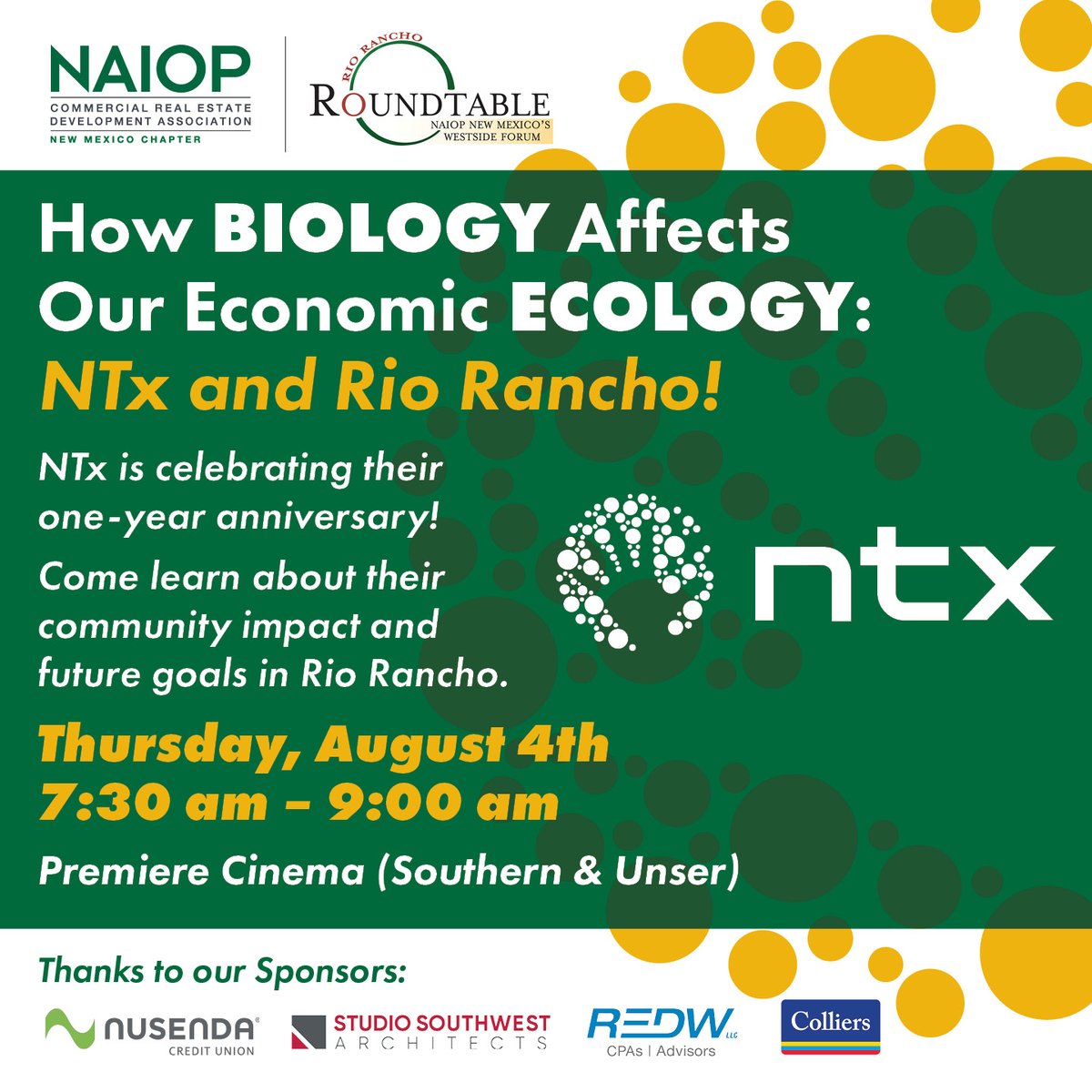 NAIOPNM's tweet photo. Save the date for the next Rio Rancho Roundtable! How Biology Affects Our Economic Ecology.
#RioRanchoRoundtable #NAIOPNM #NTx @NaturesToolbox_ #RioRancho #nusendacreditunion #StudioSouthwestArchitects #REDW #ColliersNM #biosciences #bioinformatics #biomanufacturing https://t.co/uKuQSphJoF